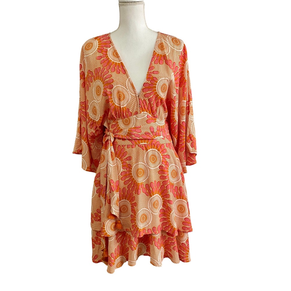 Figue Viscose Kimono Wrap Dress M Coral Orange Medallion Tassel Resort Ruffle